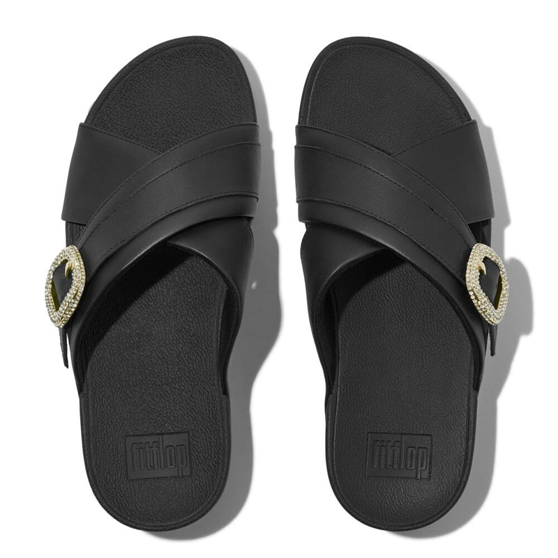 FitFlop Lulu Crystal Buckle Leather Cross Slides Sandals - Black