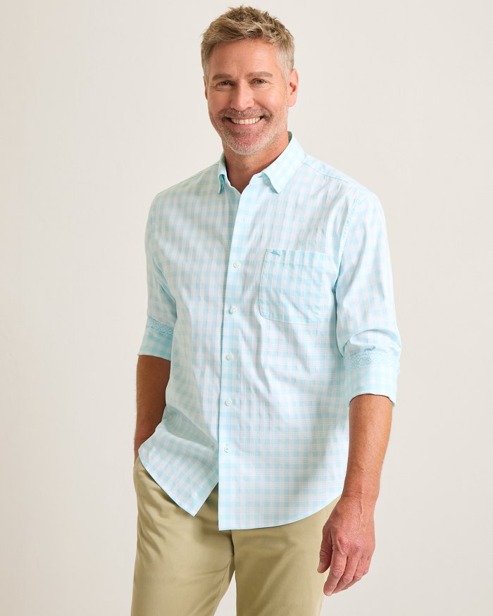 Tommy Bahama Men's IslandZone Sarasota Stretch Nuevo Check Sport Shirt - Aqua Mist