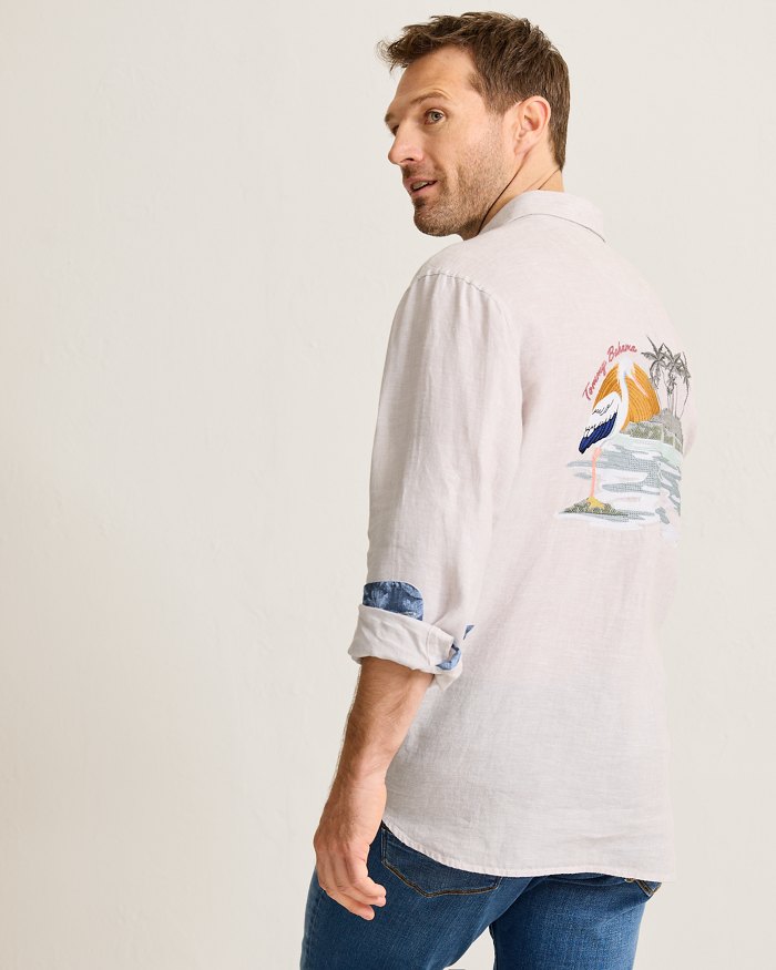 Tommy Bahama Men's Del Mar Island Linen Embroidered Sport Shirt - Natural - FINAL SALE