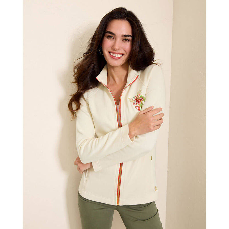 Tommy Bahama Women's Aruba Sunset Blooms Embroidered Full Zip Sweatshirt - Coconut - FINAL SALE