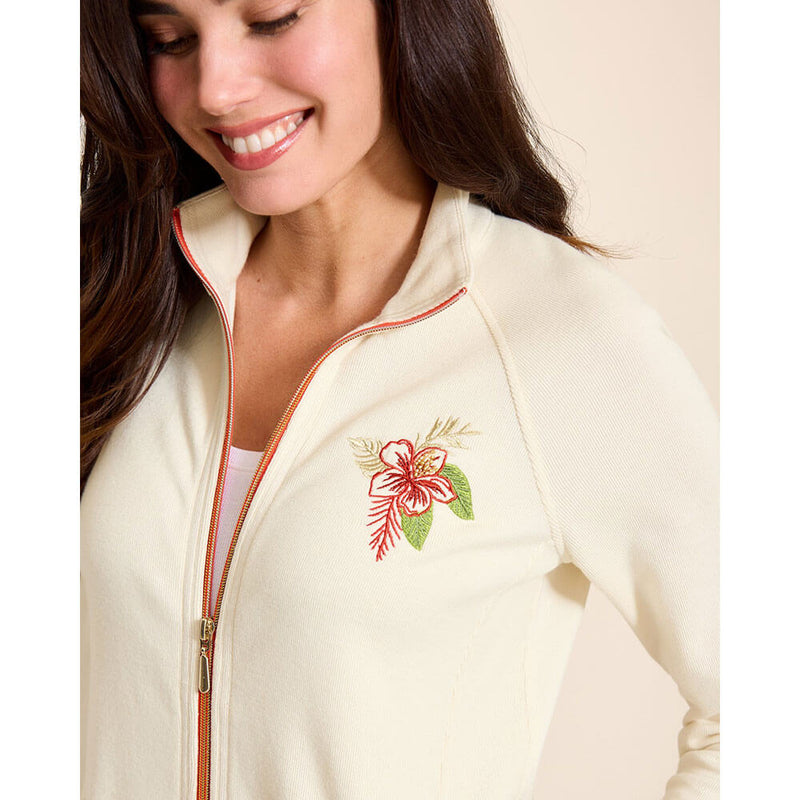 Tommy Bahama Women's Aruba Sunset Blooms Embroidered Full Zip Sweatshirt - Coconut - FINAL SALE