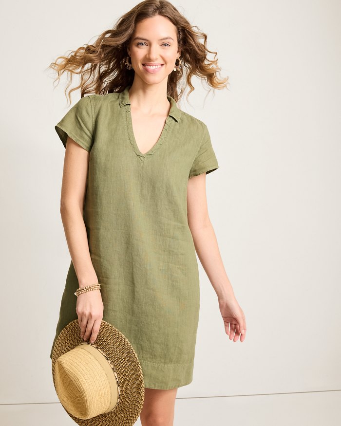 Tommy Bahama Women's Two Palms Ss Collared Linen Dress - Dark Fern - FINAL SALE