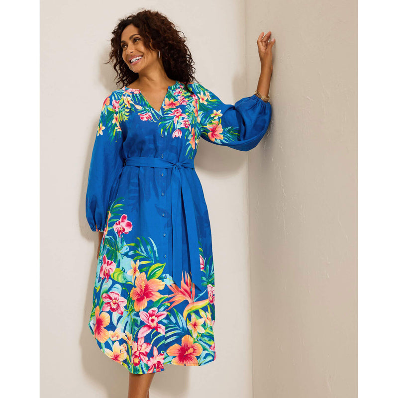 Tommy Bahama Women's Topi-Flore Midi Shirt Linen Dress - Cobalt Sea