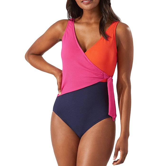 Tommy Bahama Island Cays Colorblock Wrap One Piece Swimsuit - Passion Pink